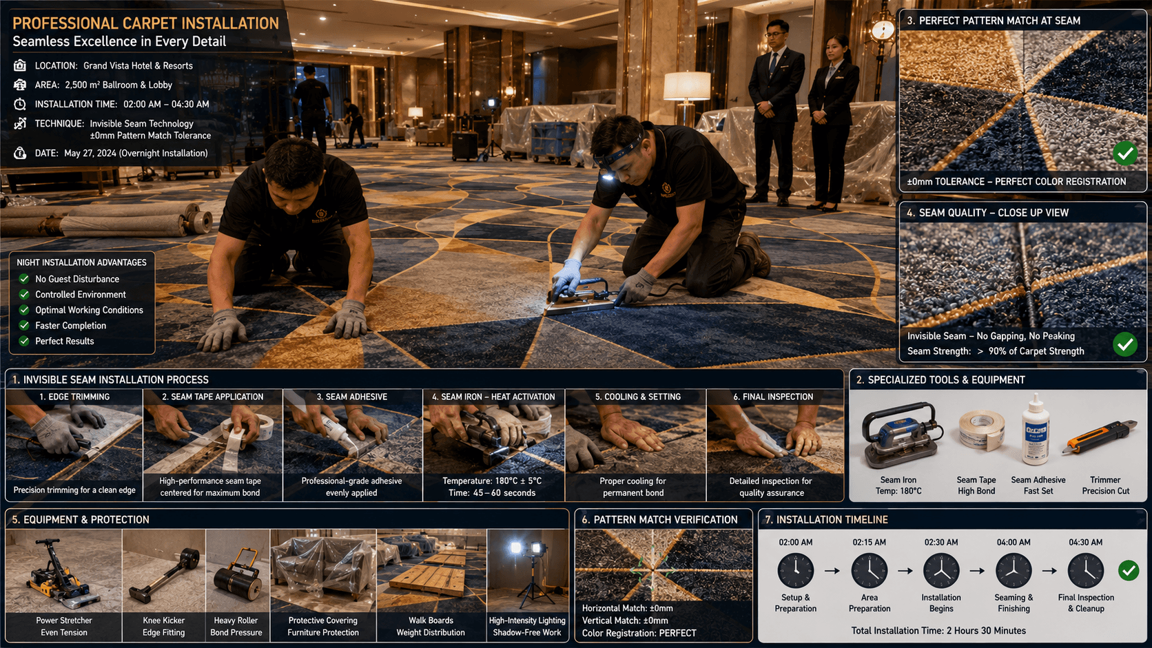 Night installation of hospitality broadloom carpet