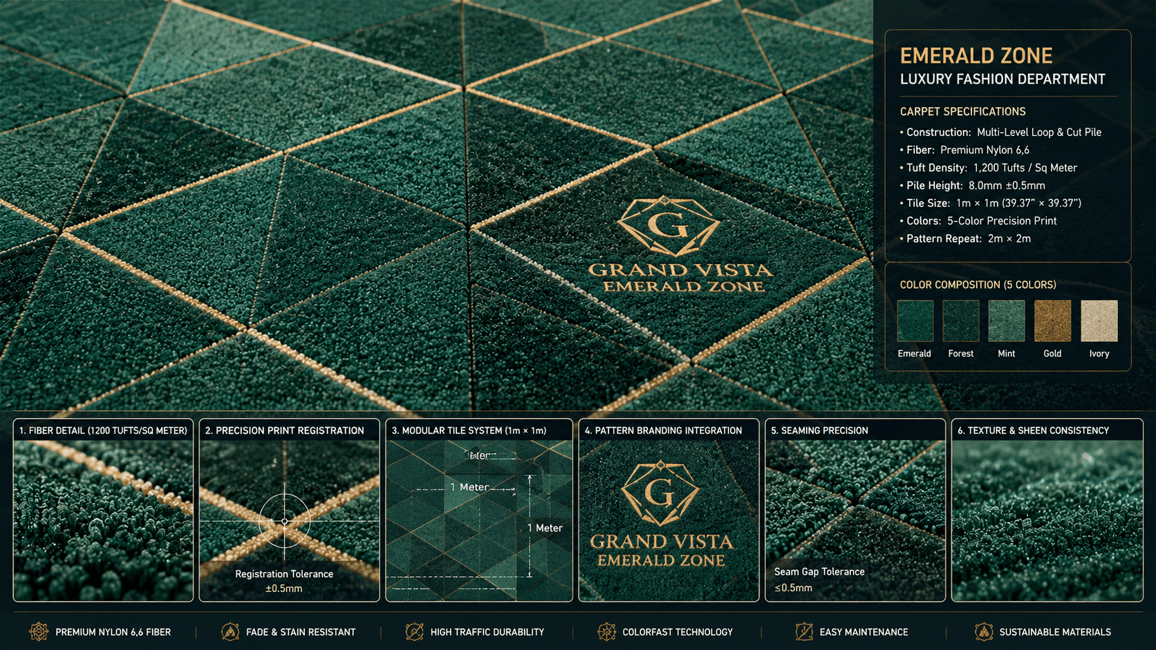 Detailed close-up of department carpet pattern and tile precision