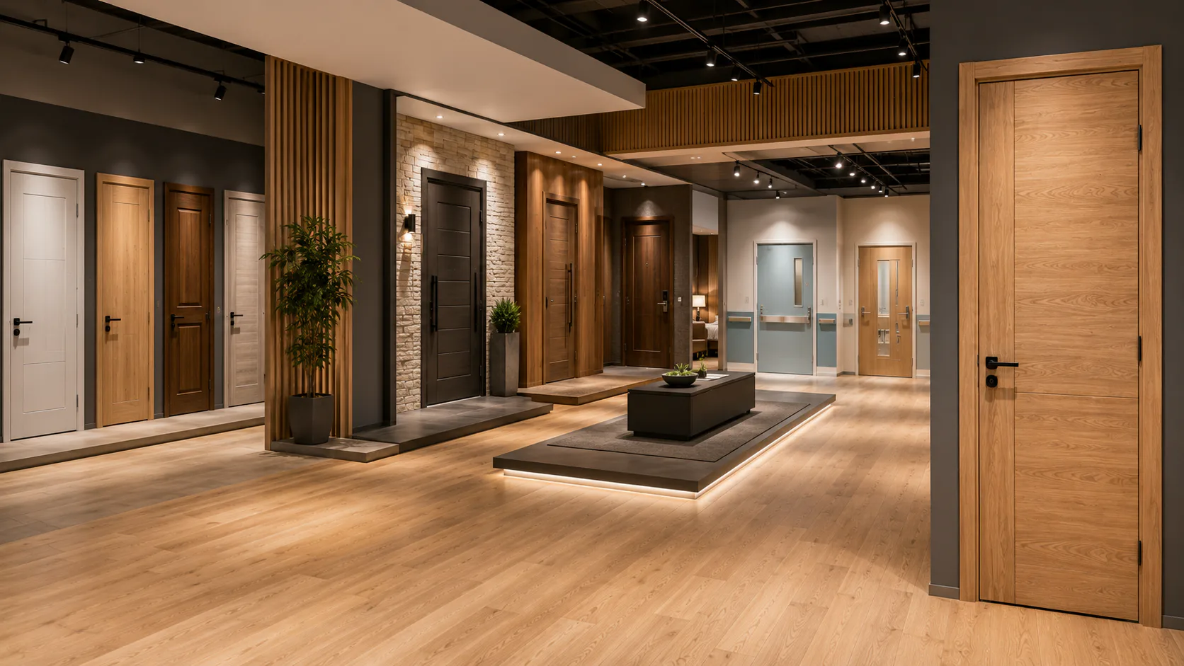 VISFURN B2B wooden door showroom displaying interior, entrance, WPC, security and project door solutions