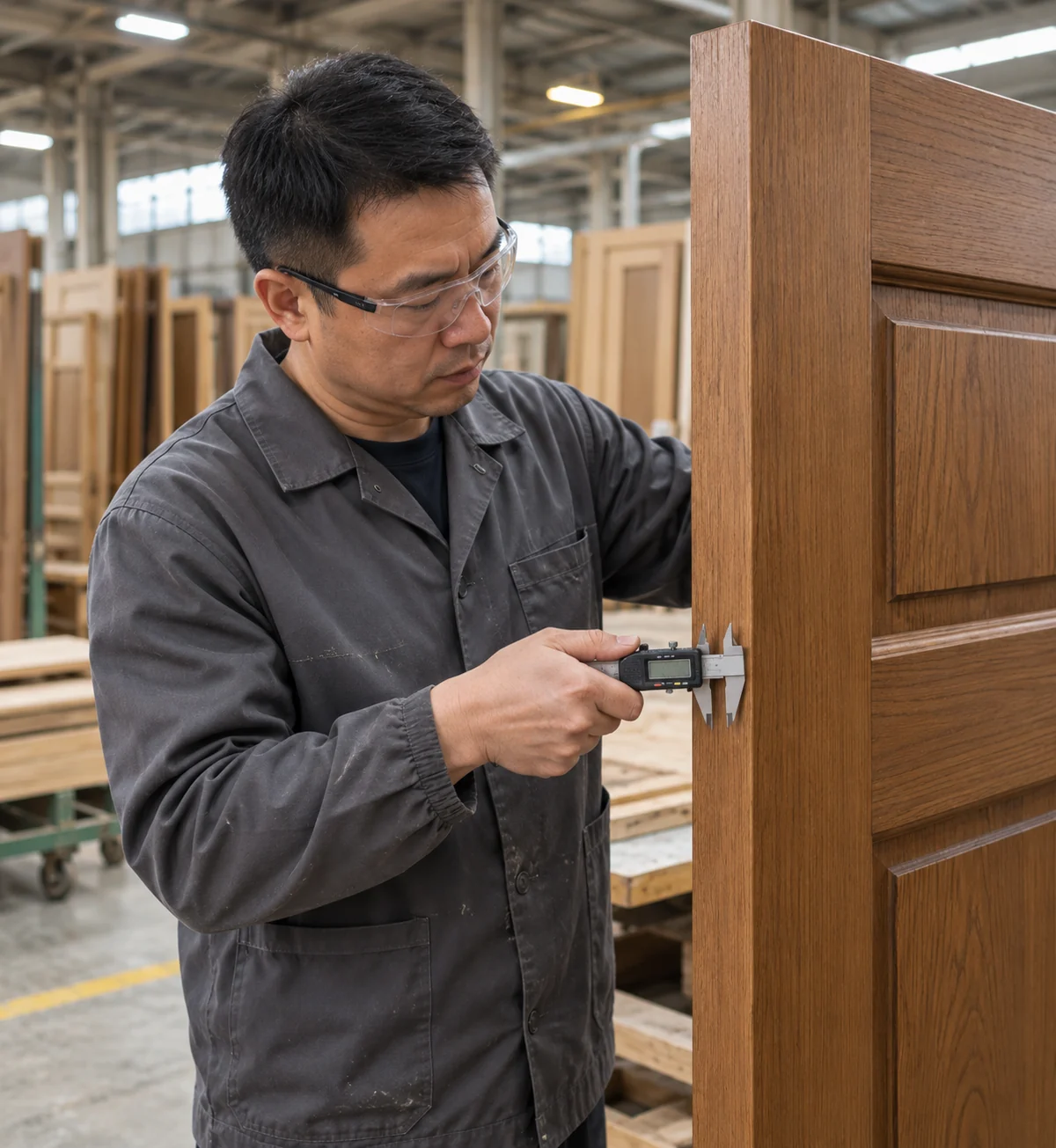 Quality control technician checking a wooden door with a digital caliper