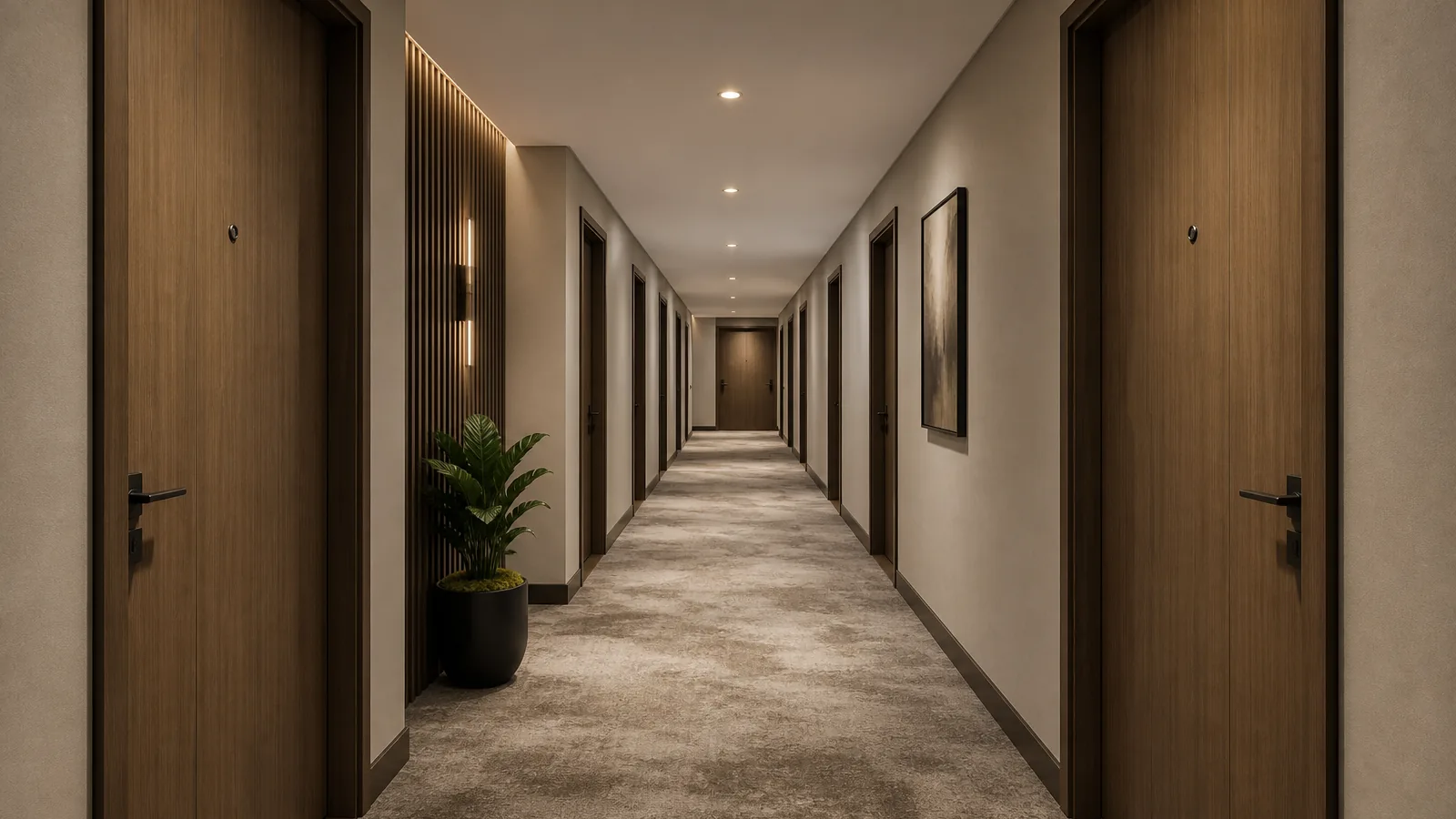 Coordinated interior doors and apartment entry doors along a multi-family corridor