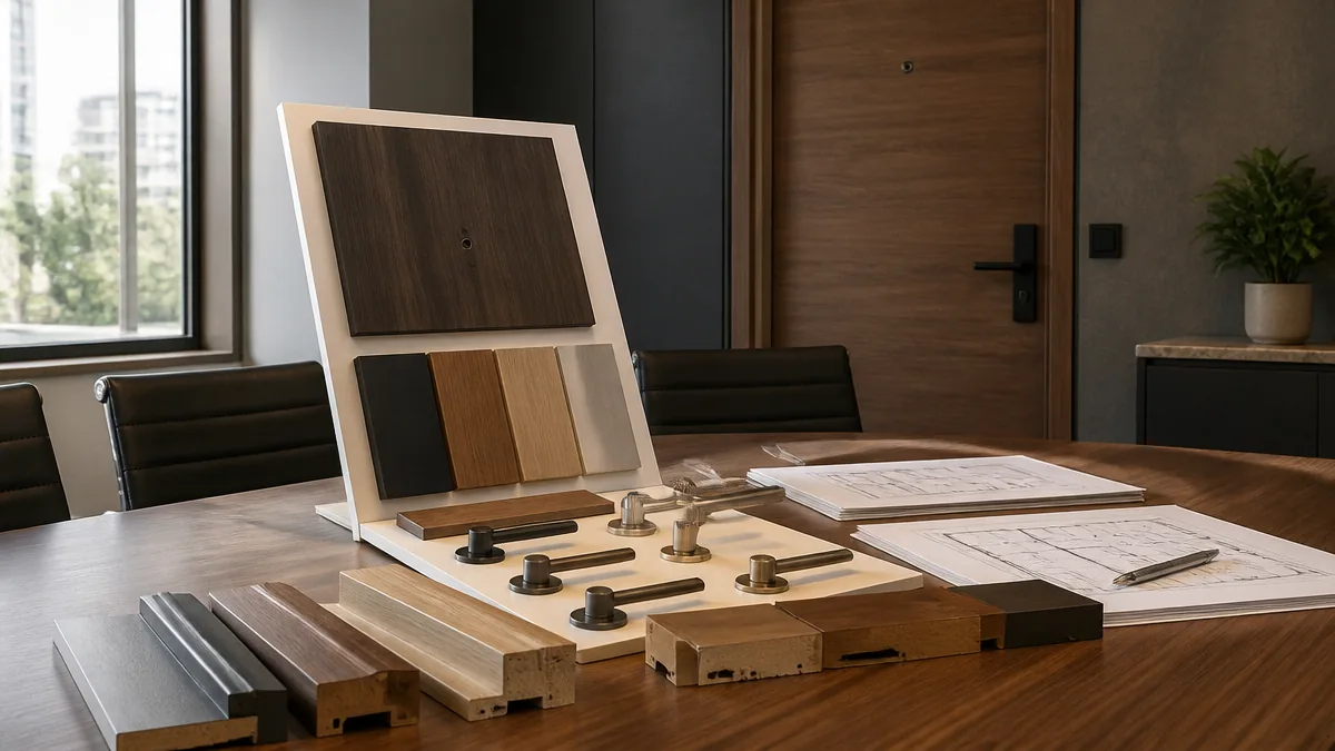 Apartment door finish boards, frame samples and hardware options arranged for project review