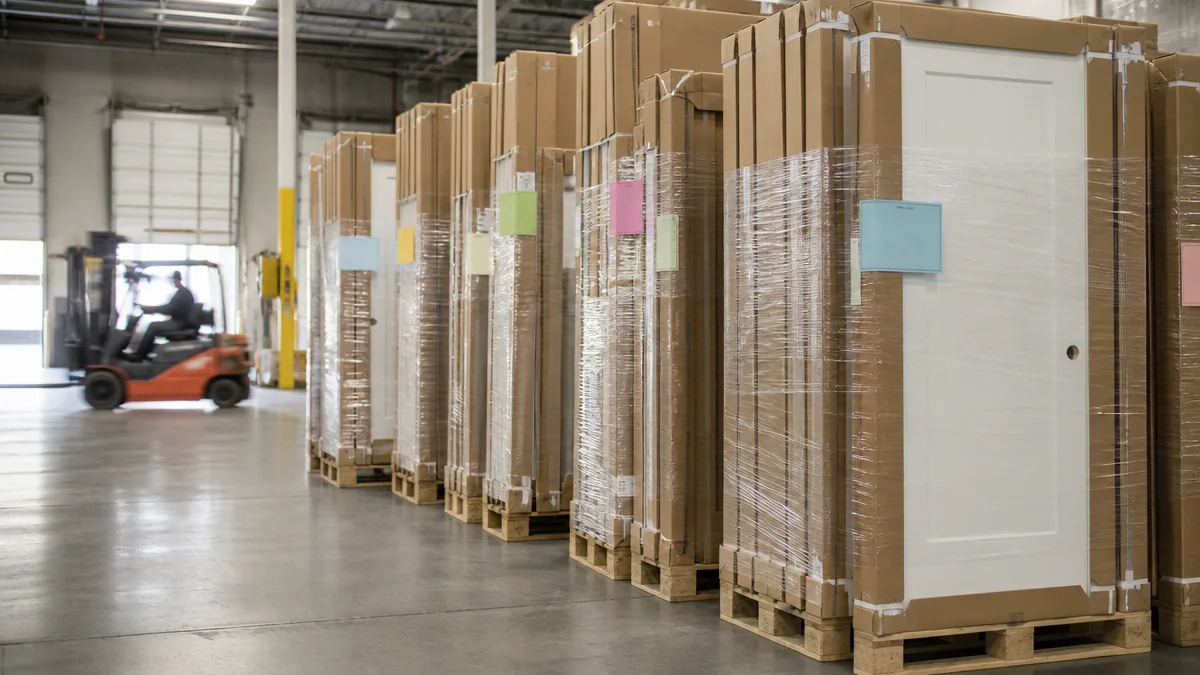 Protected apartment door sets organized for export loading in a factory warehouse