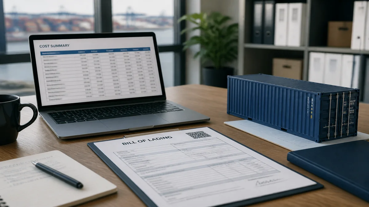 Logistics desk with landed-cost worksheet and shipping documents for a door container