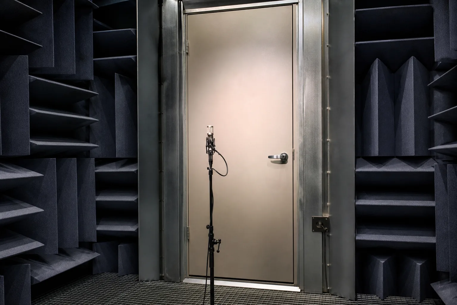 Acoustic test chamber with door specimen and microphone for sound testing