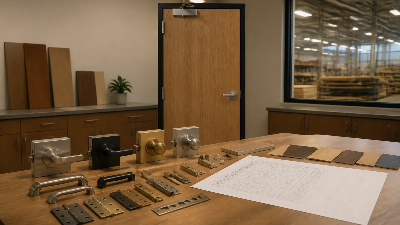 Wooden door hardware and finish samples arranged for a B2B specification review