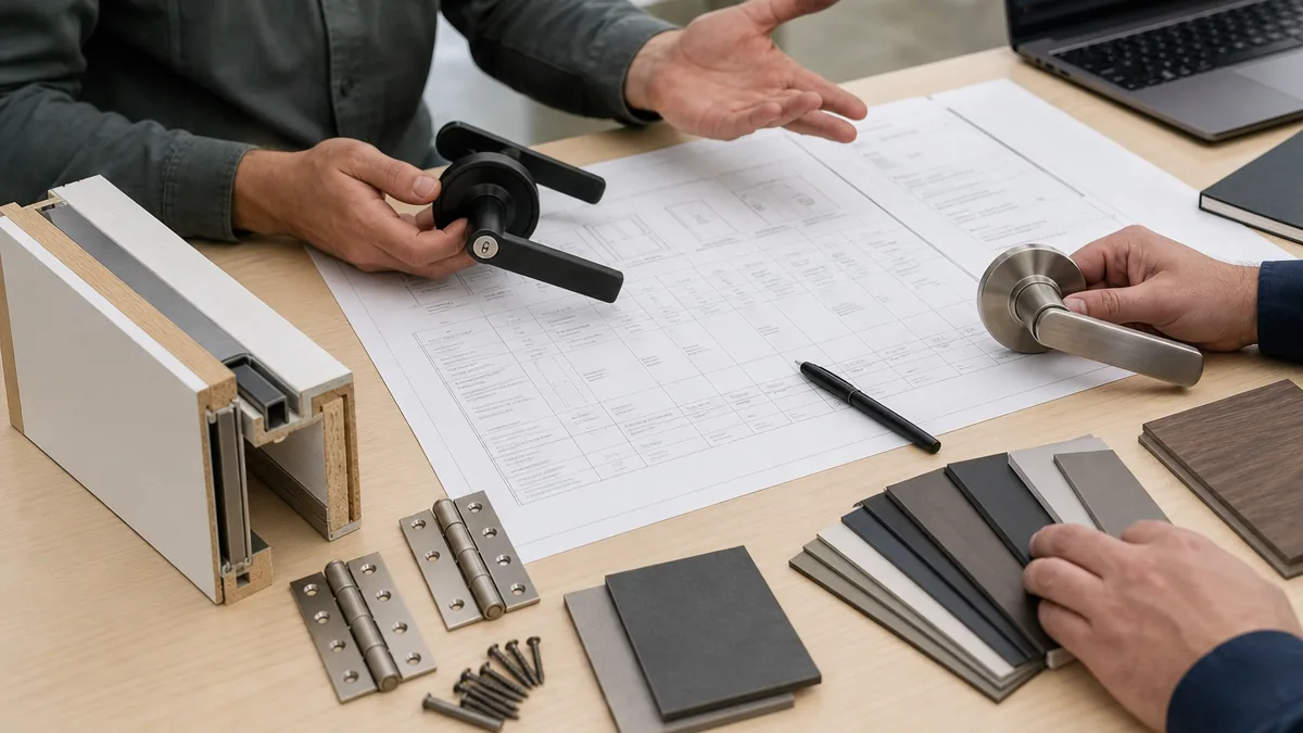 Project team reviewing door hardware, frame and finish samples