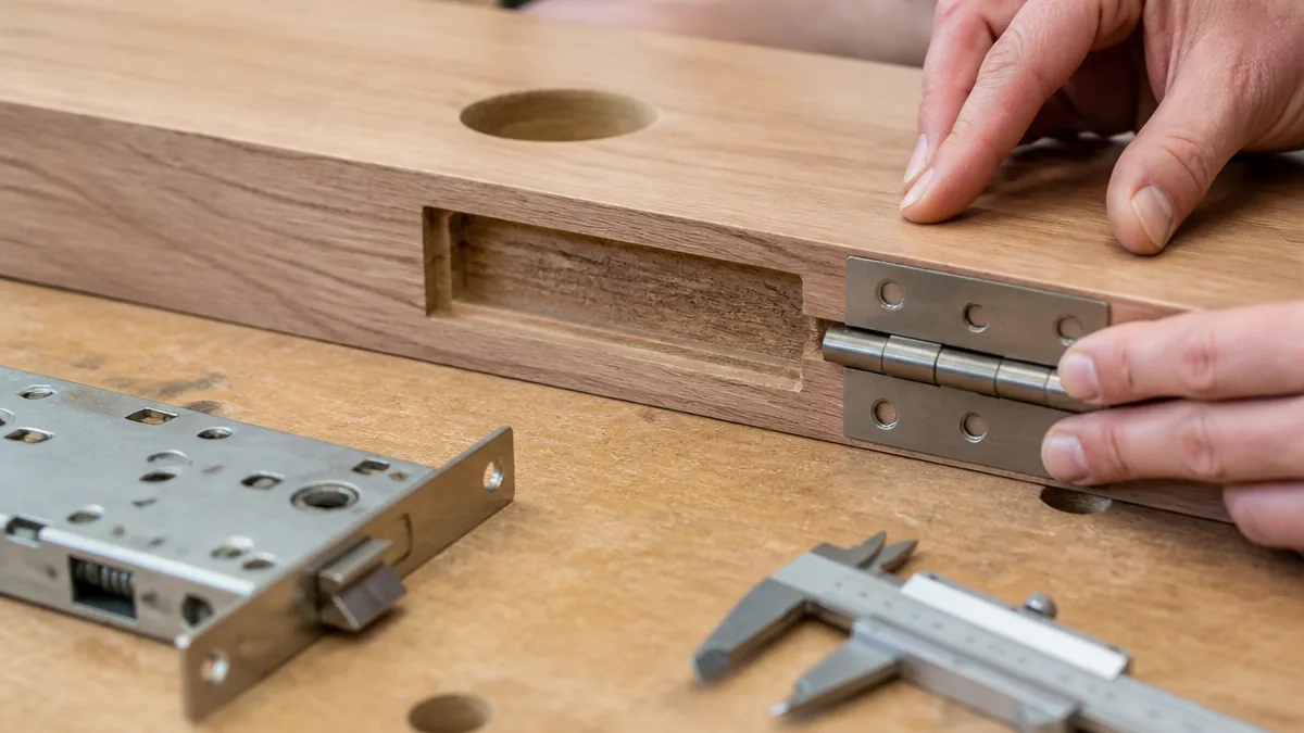 Close-up of hinge mortise and lock preparation on a wooden door edge