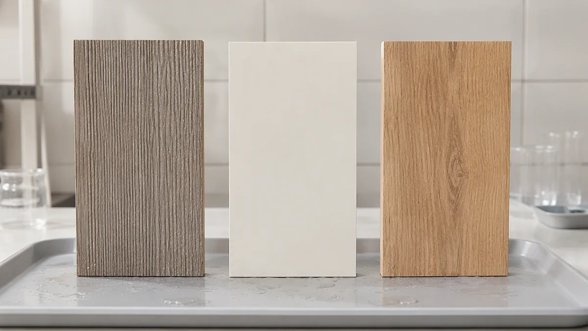 Unlabeled WPC, painted composite and veneer door material samples beside a neutral water test setup