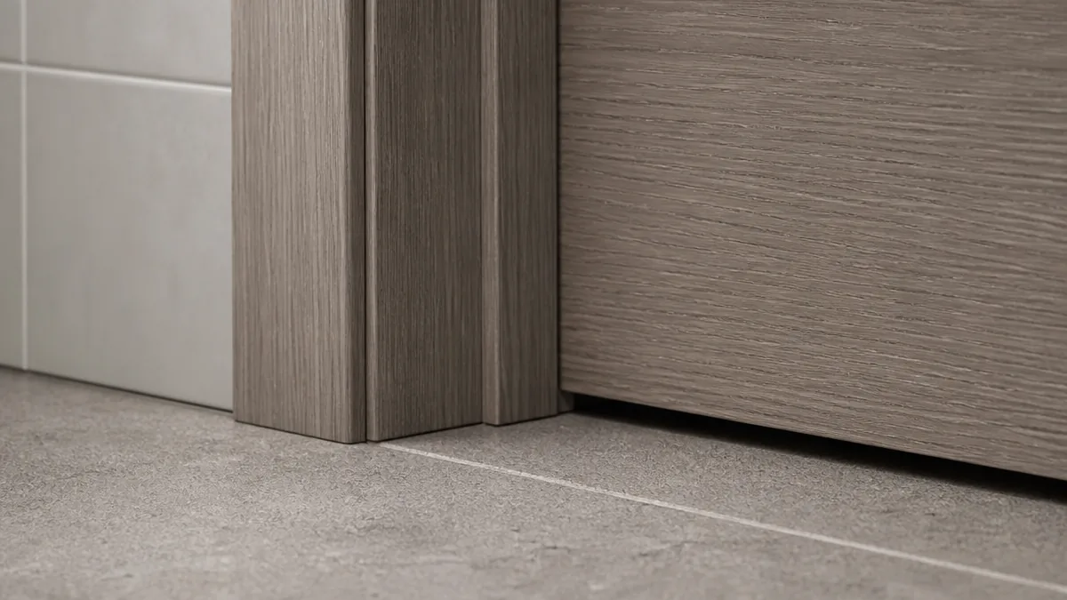 WPC-style door edge and frame aligned above a tiled floor in a humid area