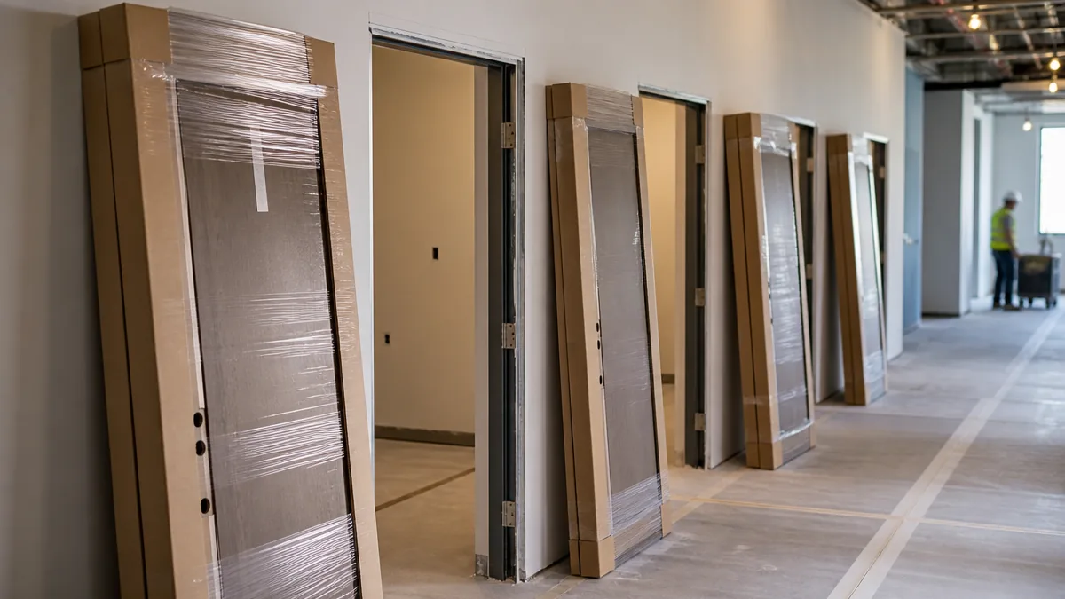 Door sets staged near matching openings on a clean renovation site