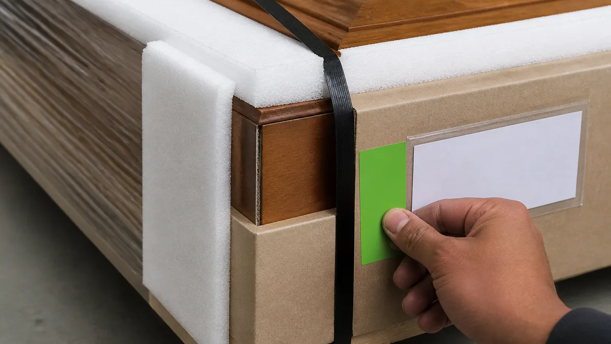 Protective foam and a blank project color tag applied to a packaged wooden door set