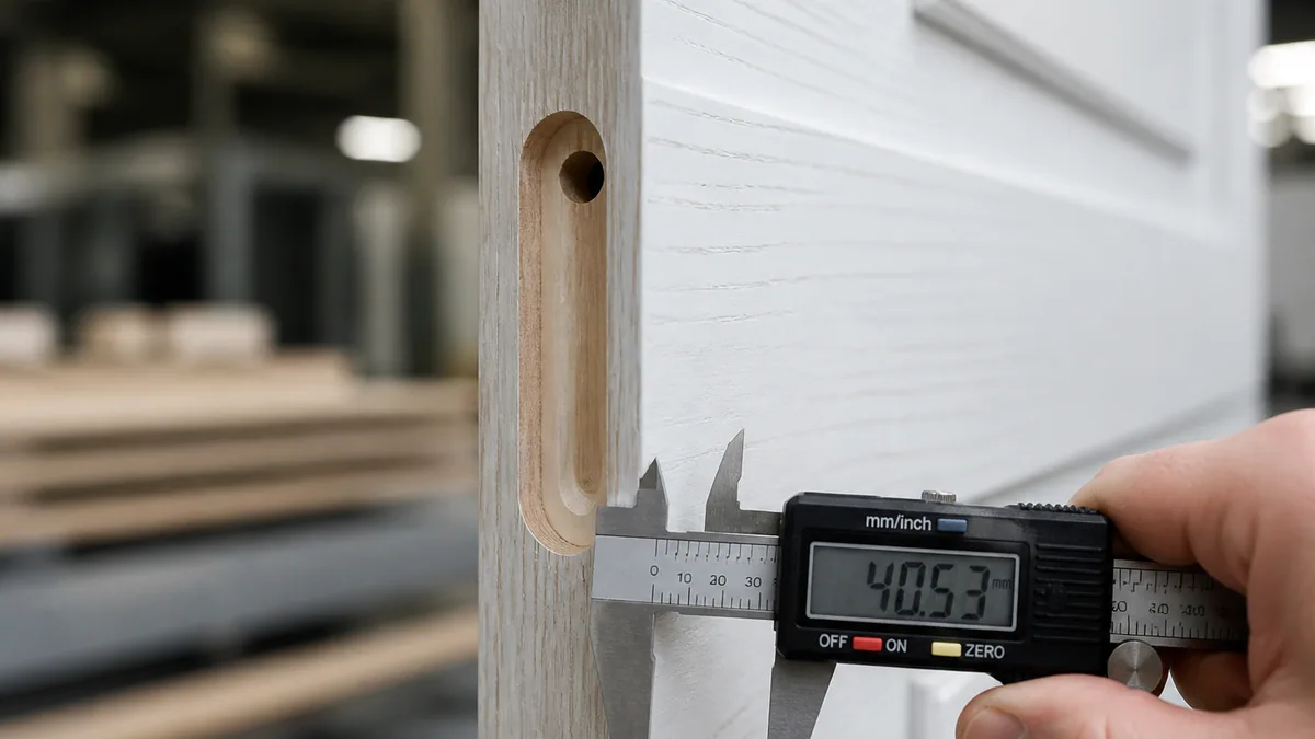 Wooden door sample approval and production QC scene with finish and hardware preparation