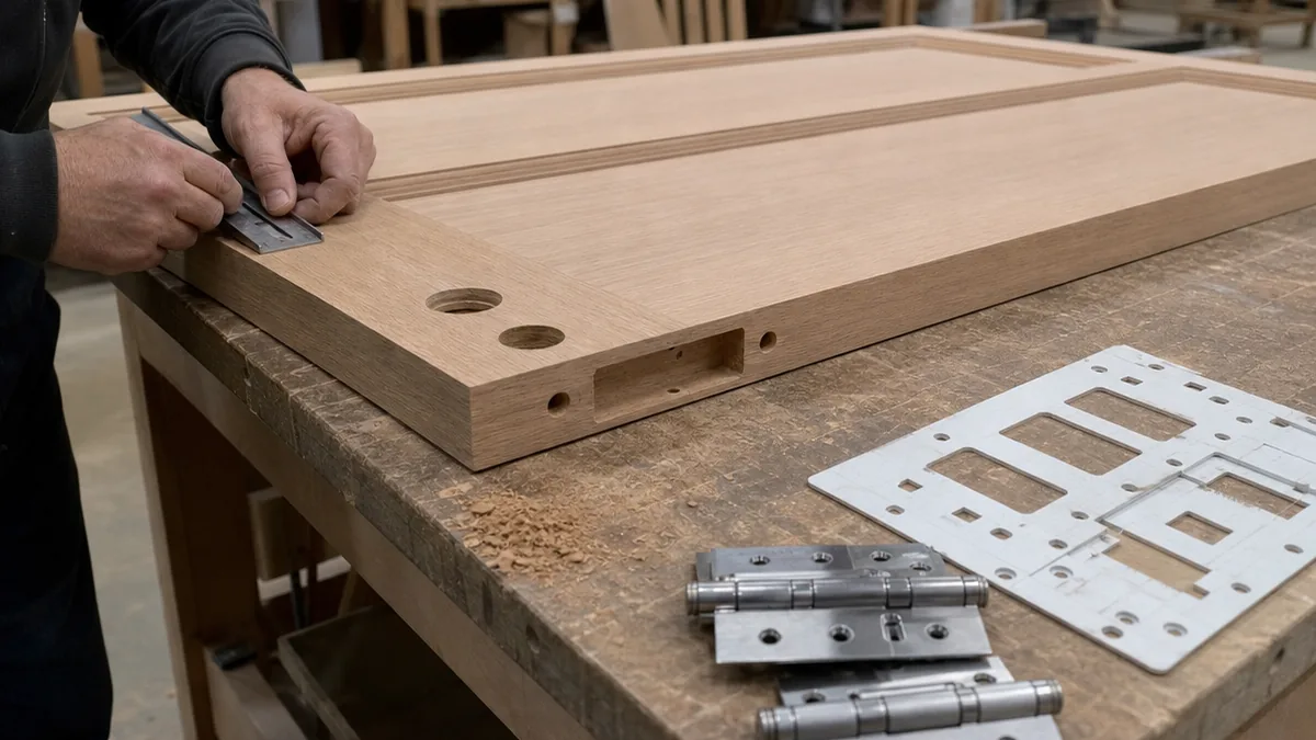Factory workbench reviewing hinge and lock preparation for interior doors