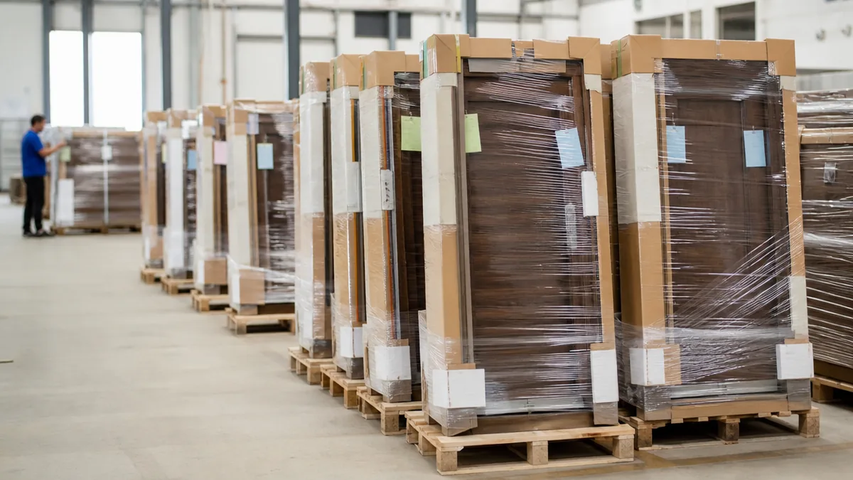 Hotel door sets organized by room type in export packing area