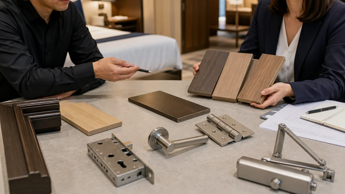Hotel door finish samples and hardware set reviewed on a procurement table