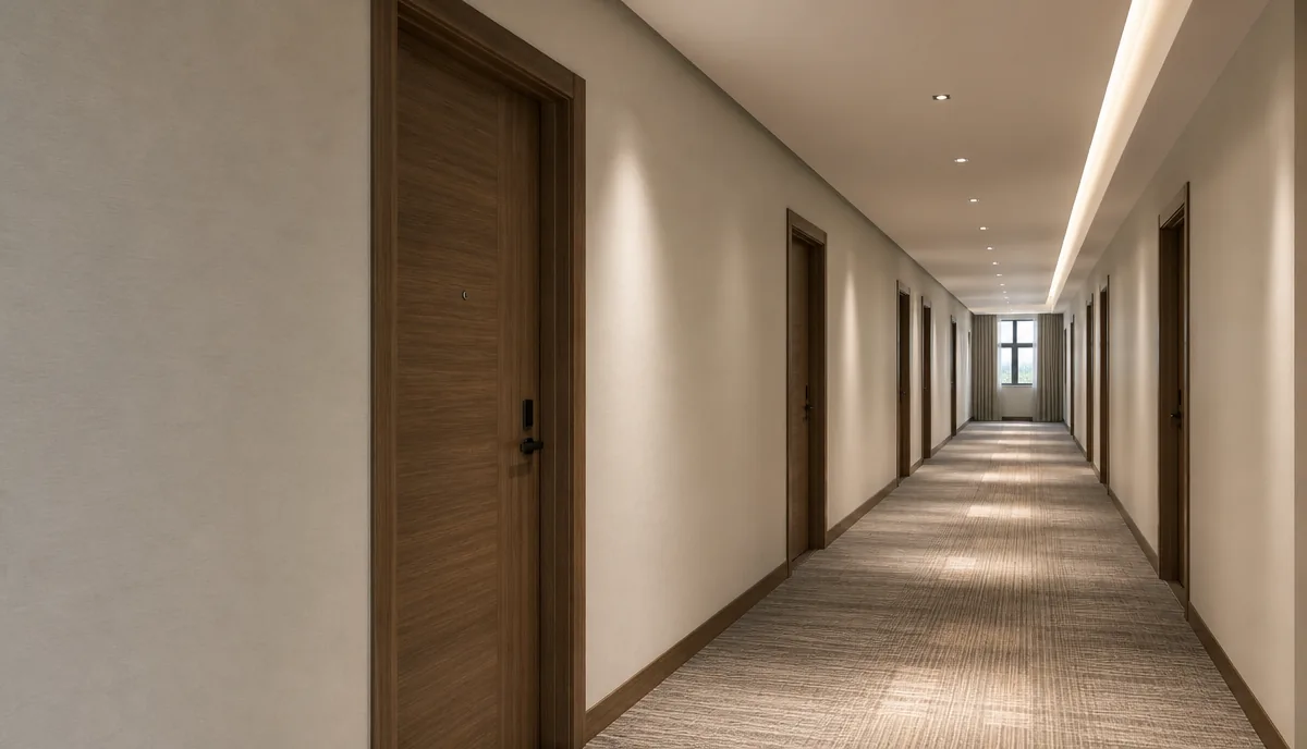 PVC wooden doors installed in an apartment or hotel corridor