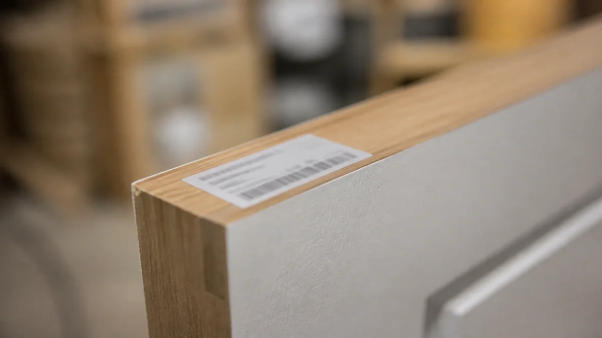 Close-up of a compliance label attached to the edge of a composite wood door slab