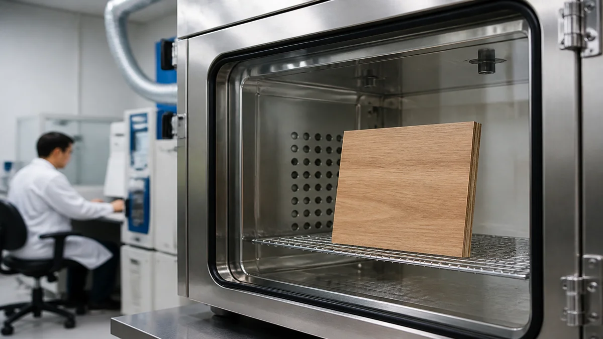 Laboratory emission test chamber with a wood panel sample for door compliance testing