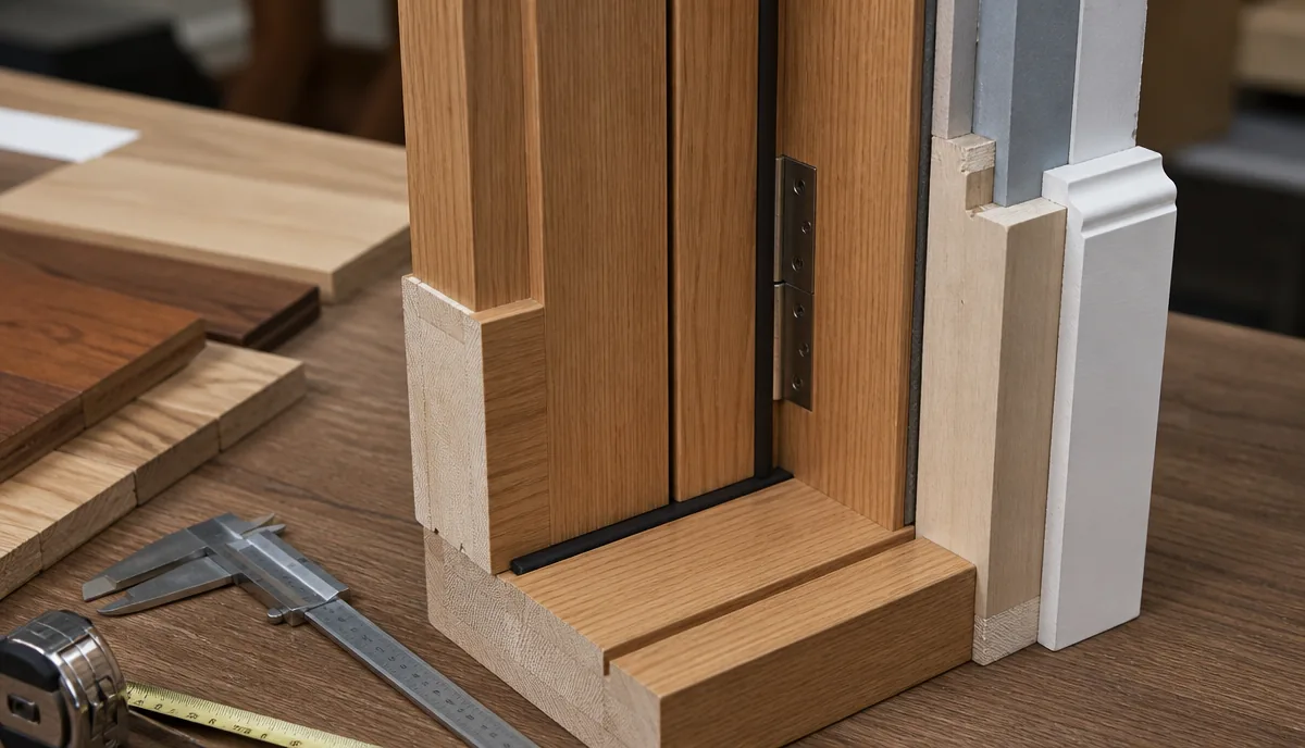 Door leaf, frame, jamb and hardware preparation detail for apartment interior door selection