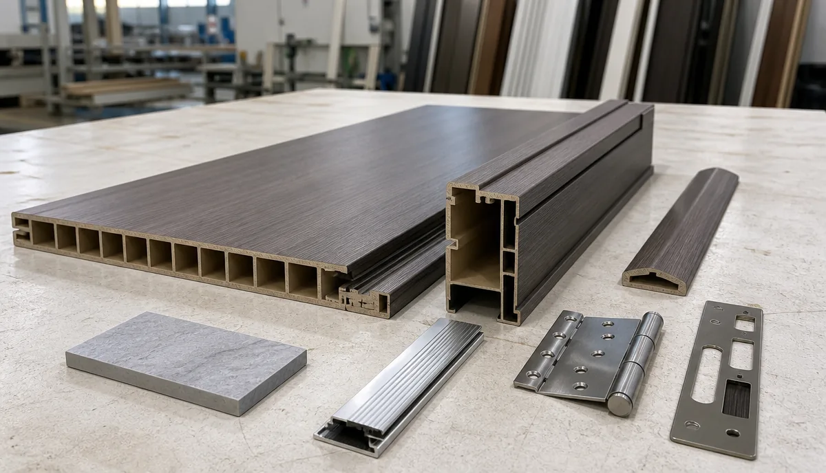 Wet-area door system components and hardware reviewed with a WPC frame