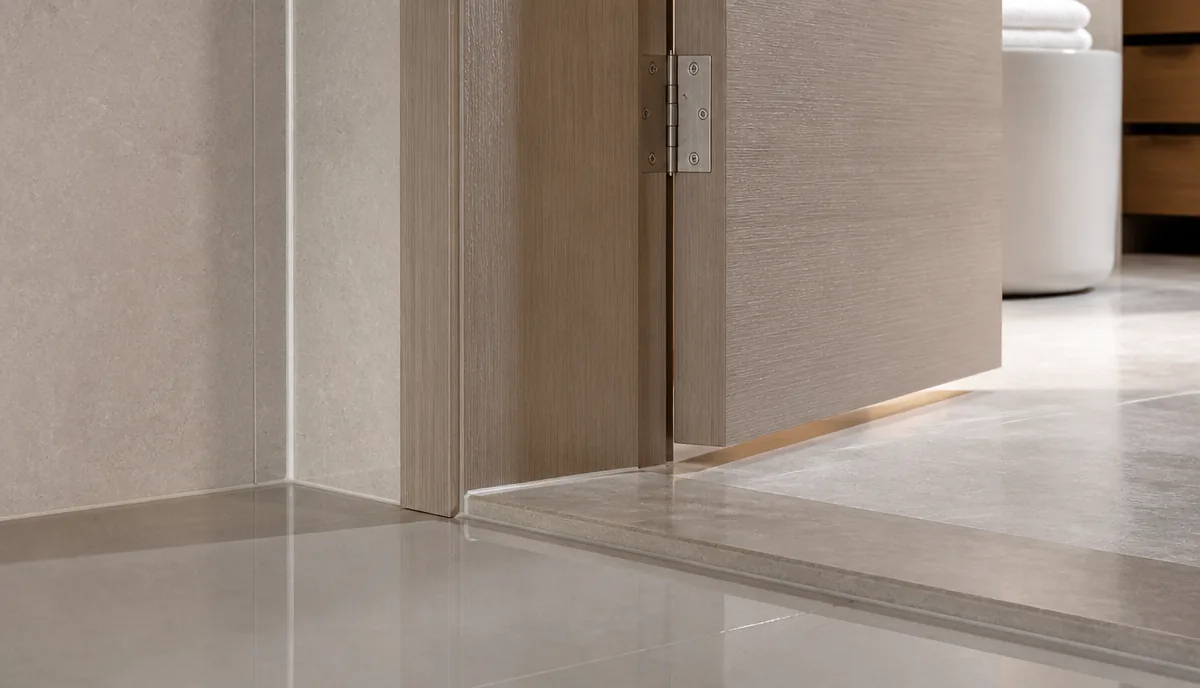WPC bathroom door frame aligned with a tiled wall and threshold detail