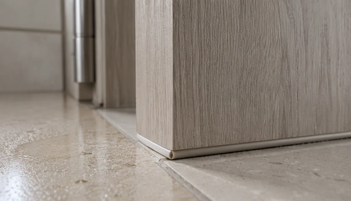 WPC door bottom edge and bathroom threshold moisture detail