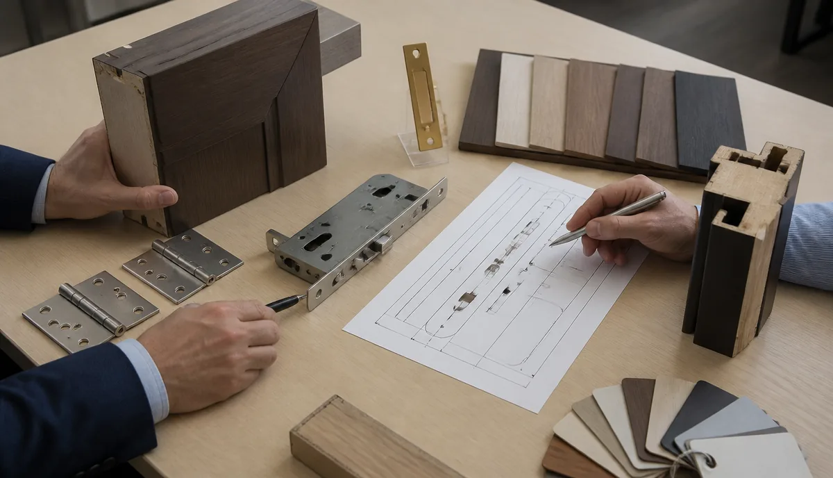 Hotel door electronic lock, hinge and frame samples reviewed for replacement compatibility