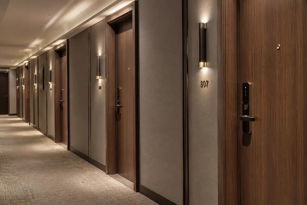 Matching hotel guestroom doors fitted with smart locks in a corridor