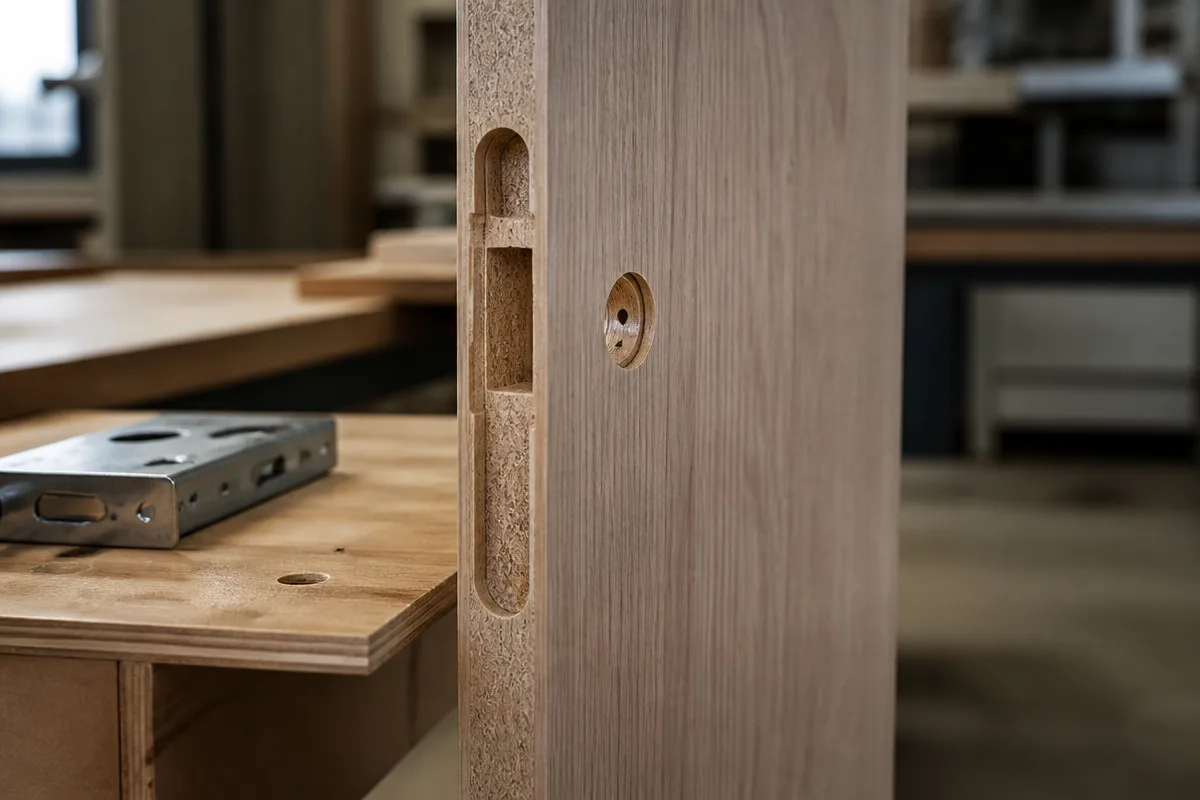Precisely machined lock body cutout and spindle hole in an unfinished door edge