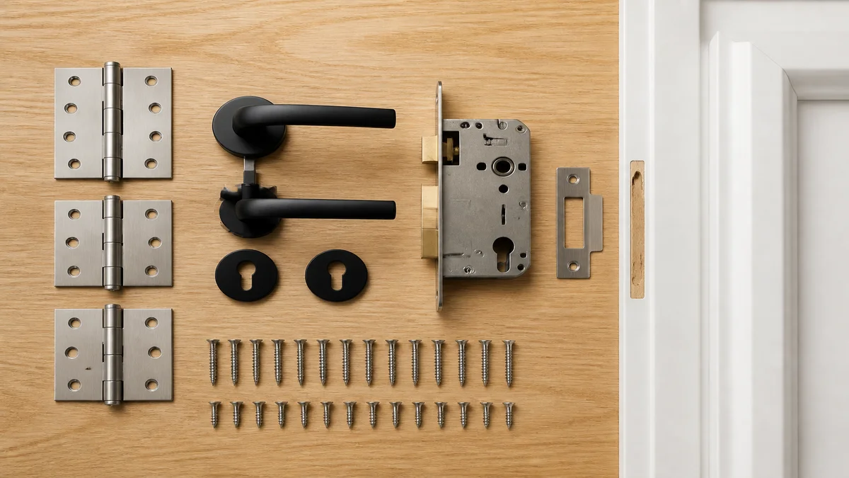 Door set hardware components arranged beside a jamb and architrave sample