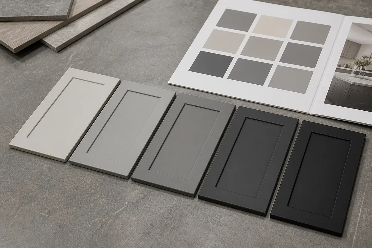 Painted door sample panels in graduated grey and charcoal tones beside a colour reference