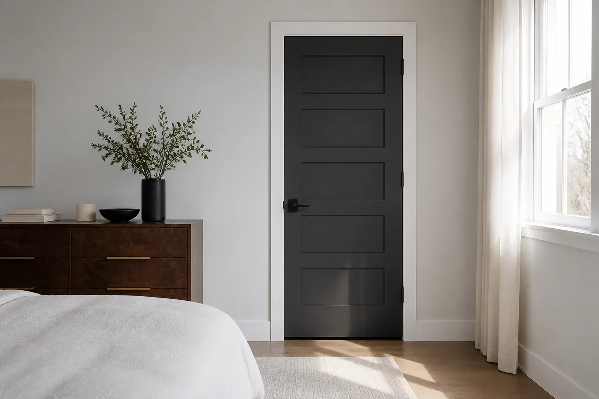 Charcoal-grey painted interior door installed in a bright modern bedroom