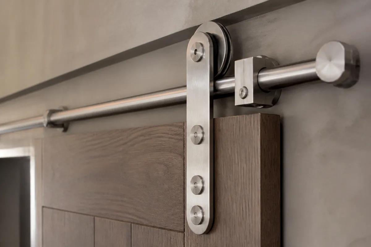 Brushed stainless steel sliding door track and roller hardware above a wooden door