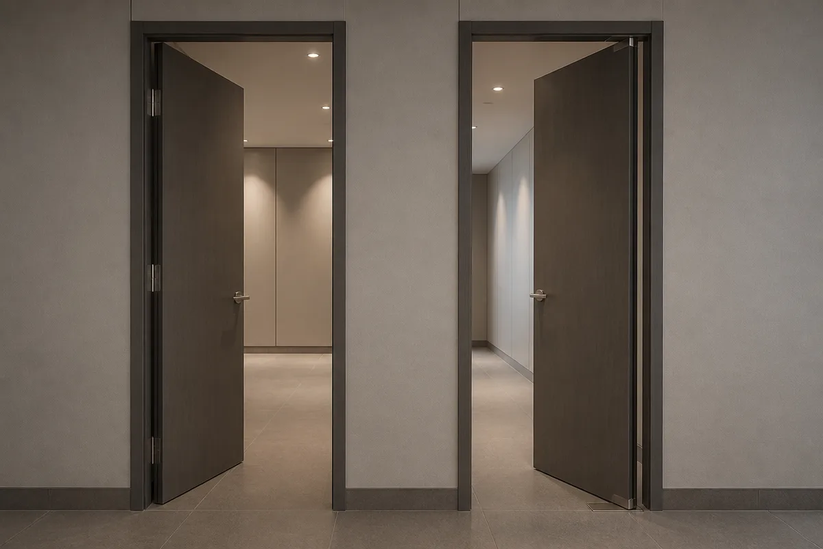 Swing door and pivot door openings compared in a corridor