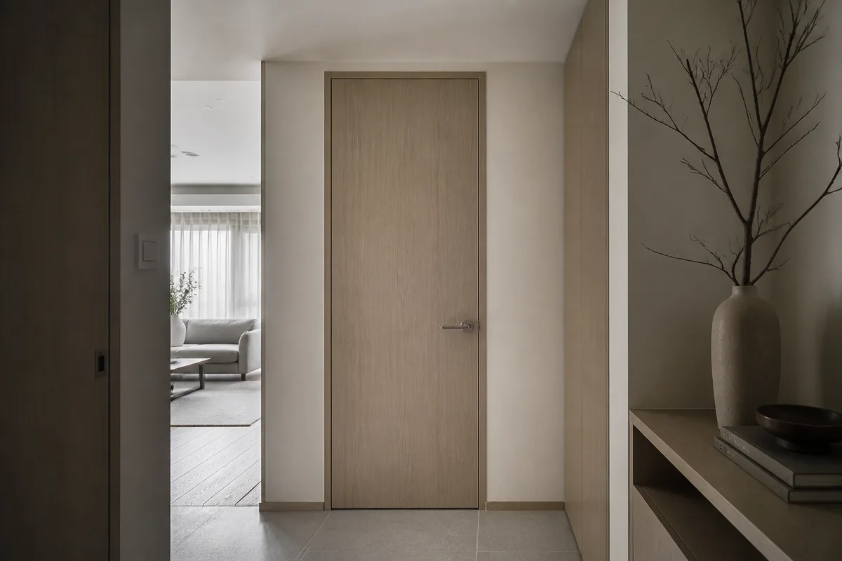 Flush interior door installed in a modern room