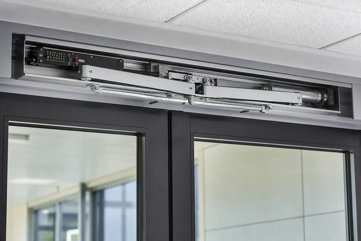 Coordinator hardware mounted at the head of a glazed double door frame