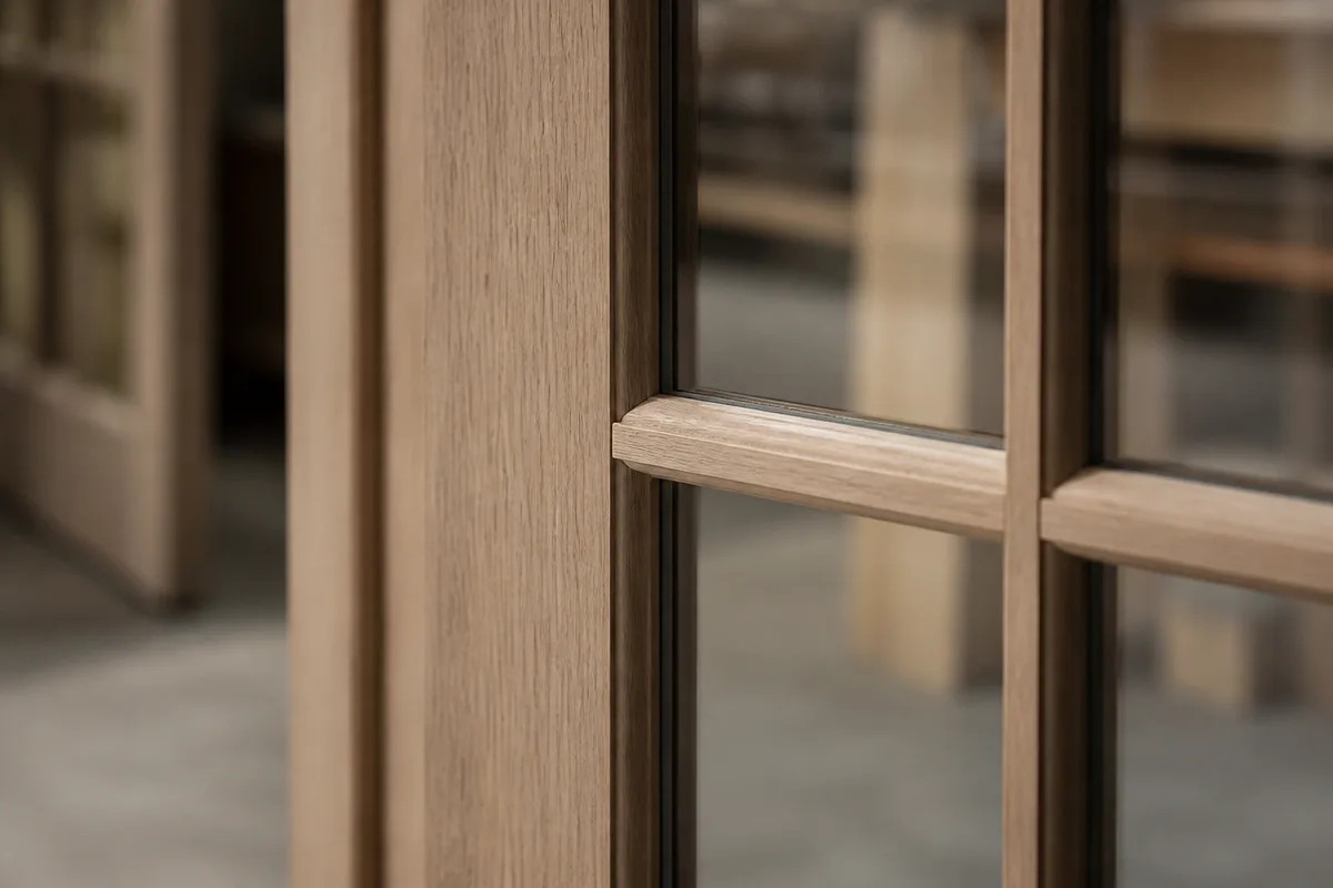 Wooden muntin grid and glass pane joinery on a French door leaf