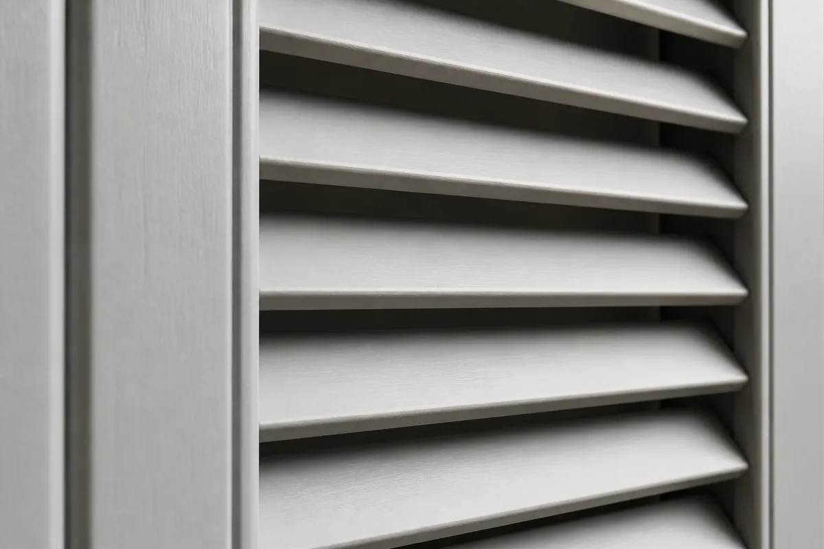 Close-up of horizontal louver slats and finished door edge