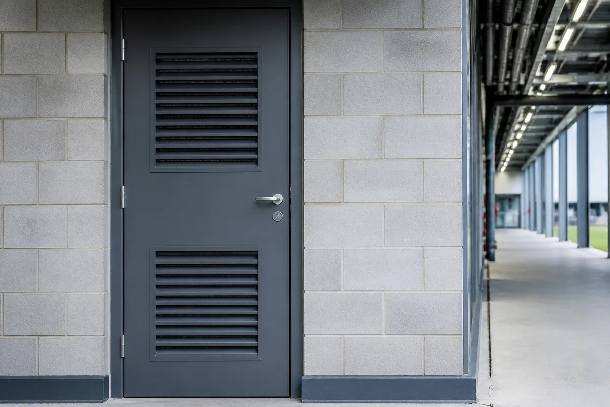 Ventilated plant-room door with protective mesh behind louvers