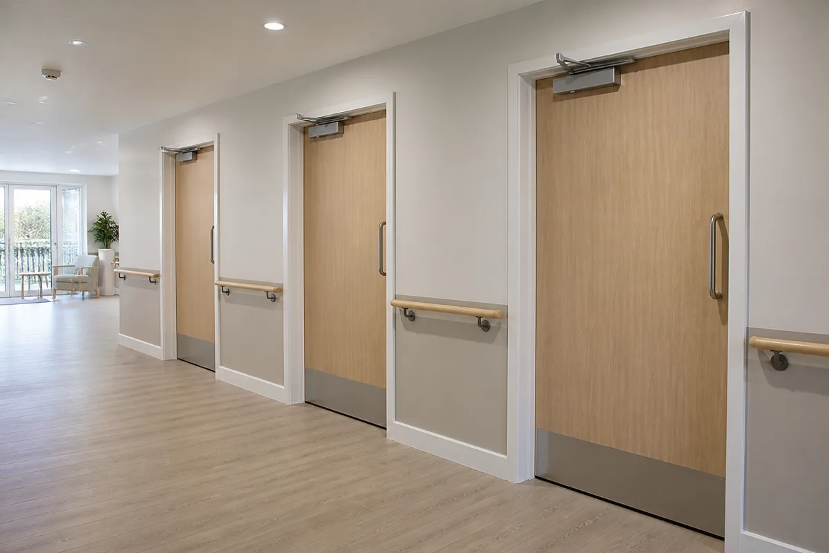 Repeated accessible interior doors in a bright care-facility corridor