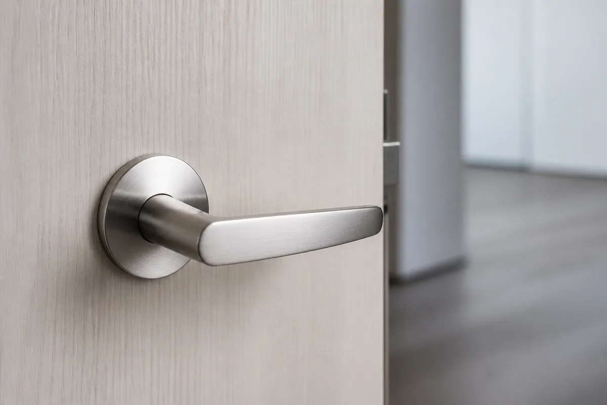 Close view of a lever handle and lock preparation on a finished door