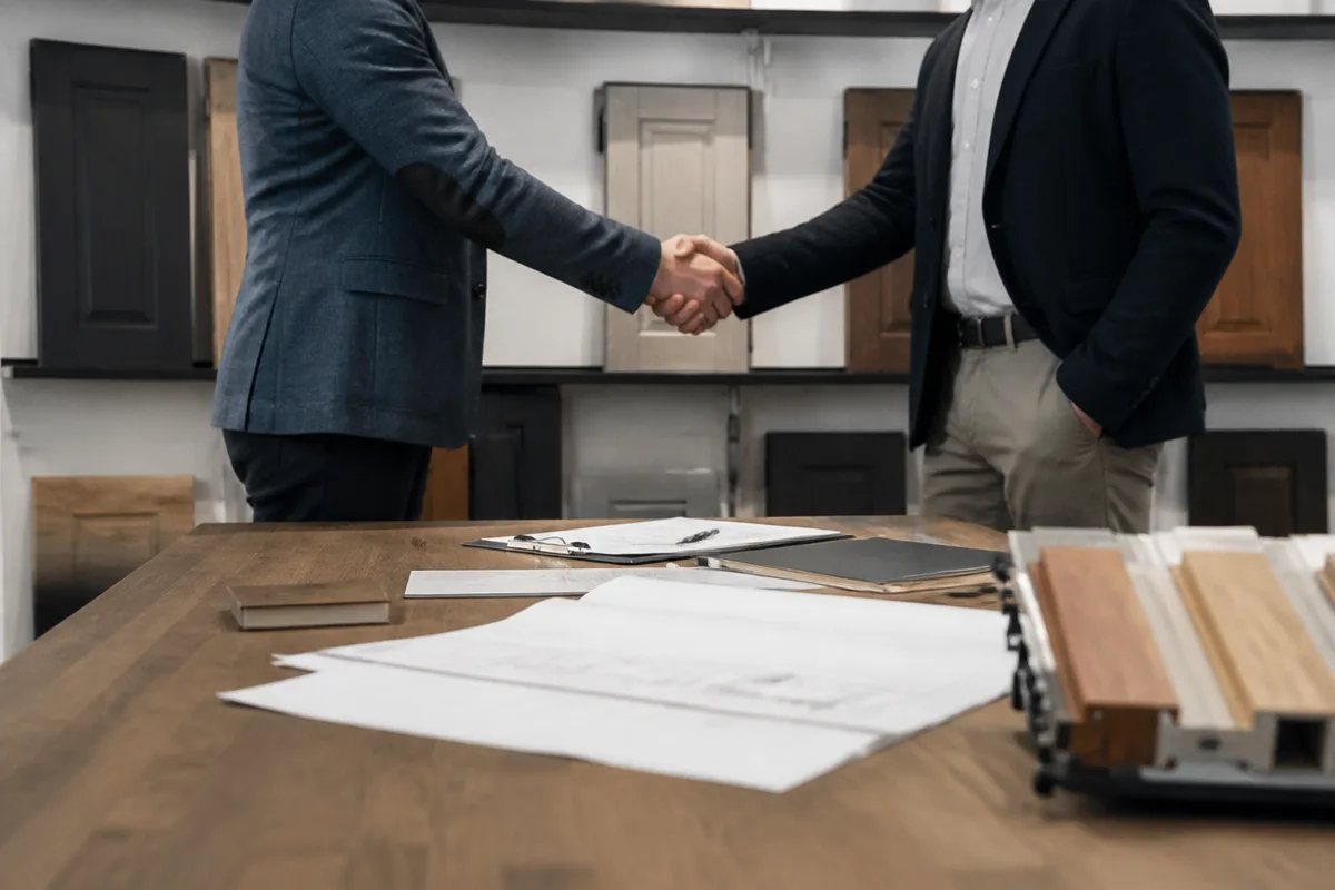 Buyer and supplier reviewing a project door order at a factory meeting