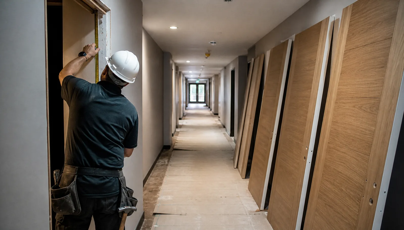 Contractor surveying an existing hotel guestroom frame during a phased door replacement project