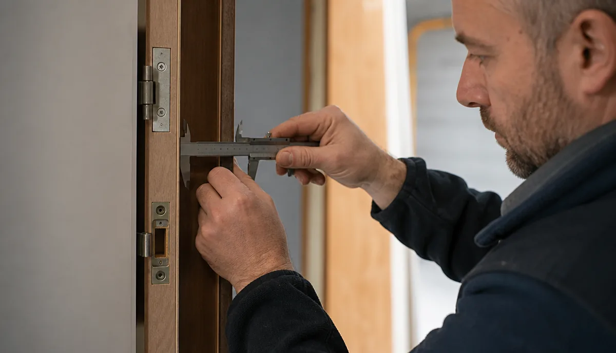 Close view of a hotel door frame hinge recess and lock preparation being measured