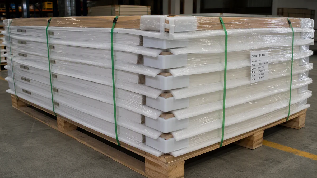 Door slabs protected with EPE foam, corner protectors, stretch film and PP straps