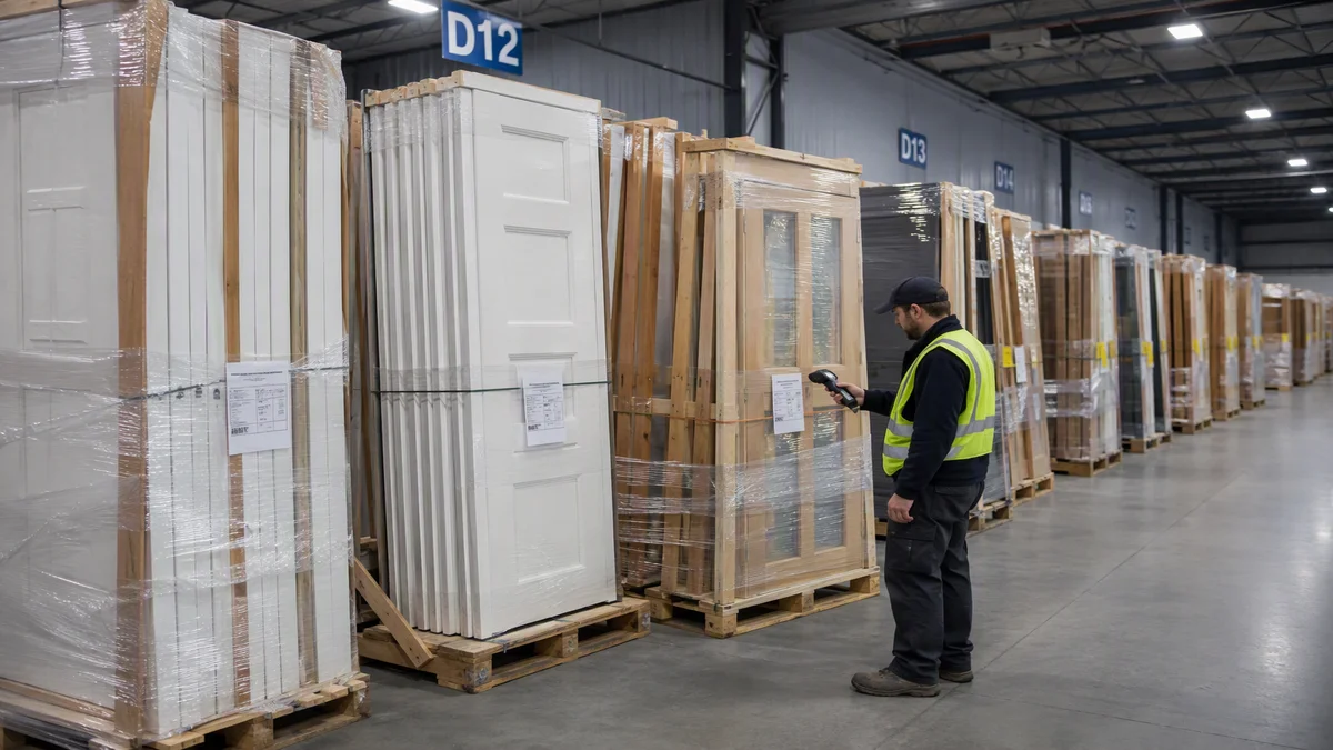 Mixed-size door pallets grouped by lot in an export warehouse