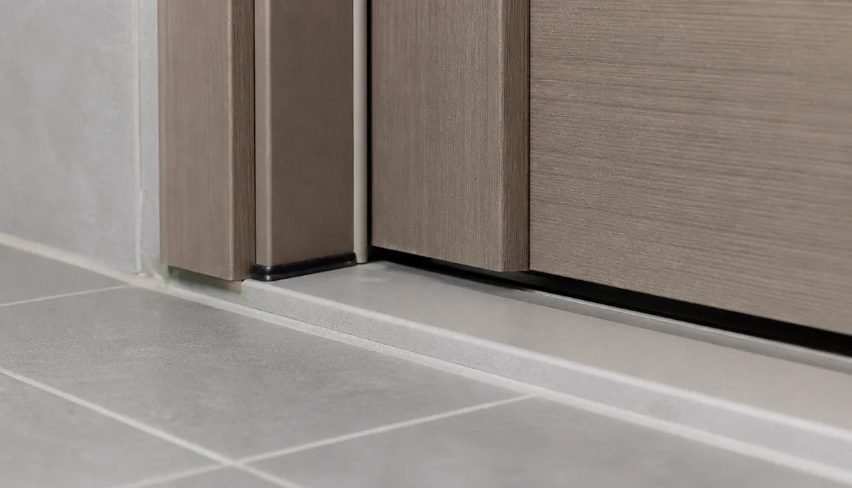 WPC bathroom door bottom edge, frame, threshold and tile transition detail