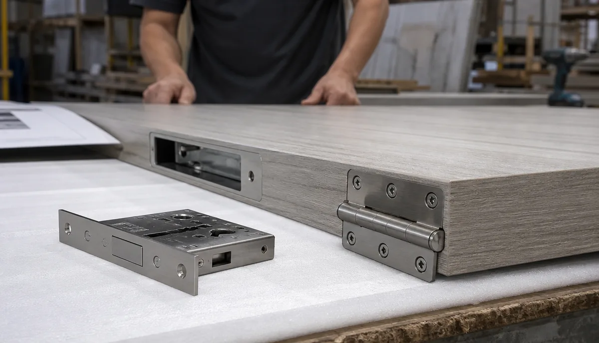 Stainless hinge and lock preparation detail on a WPC door edge