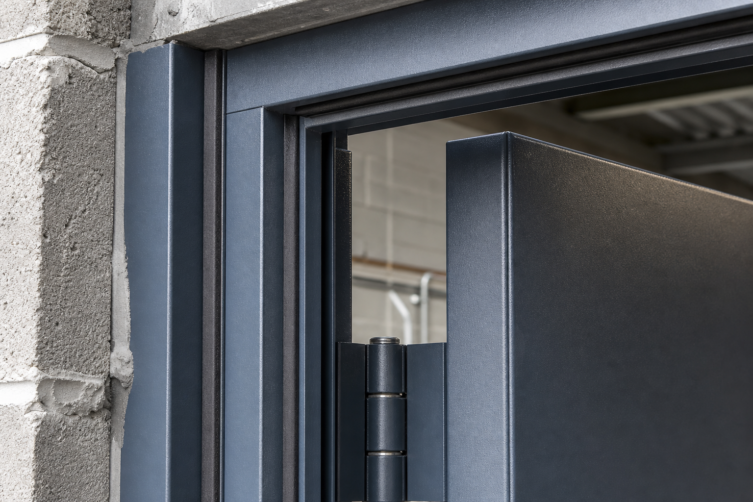 Fire-rated steel door frame hinge seal and lock preparation detail